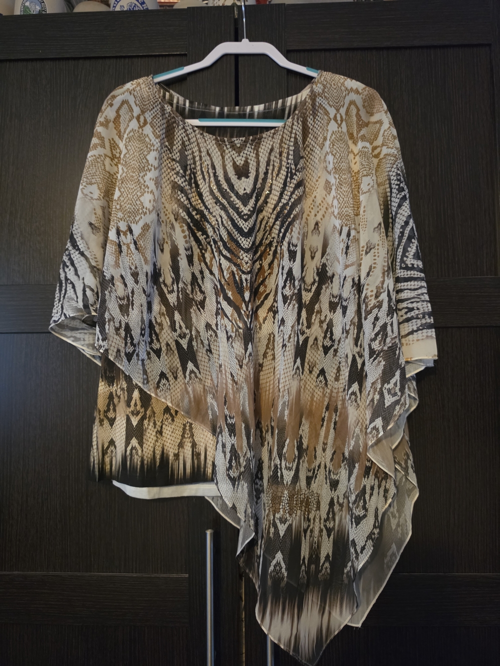Sheer Animal-Print Draped Poncho Blouse in Tan and Black